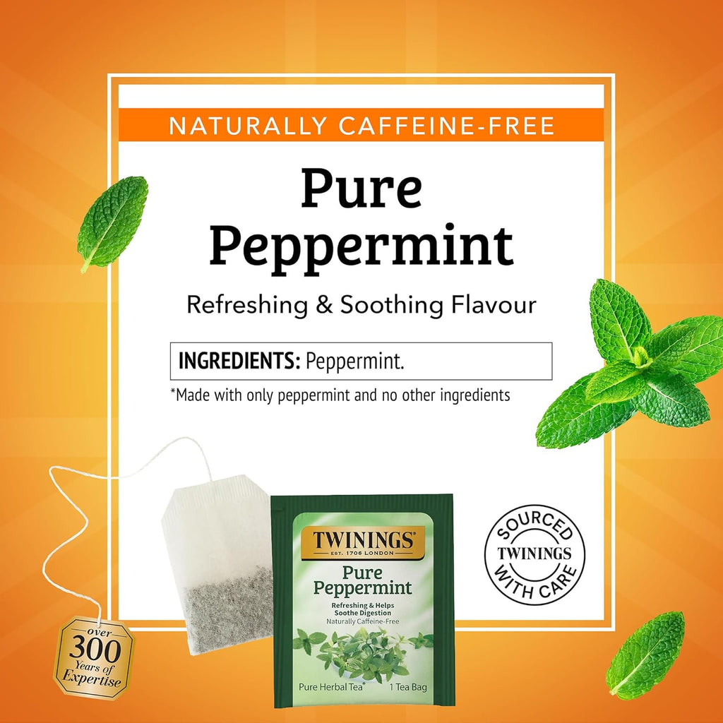 Twinings Pure Peppermint Herbal Tea - Individually Wrapped Bags, 25 Count | Caffeine-Free, Fresh Minty Flavor, Perfect Hot or Iced