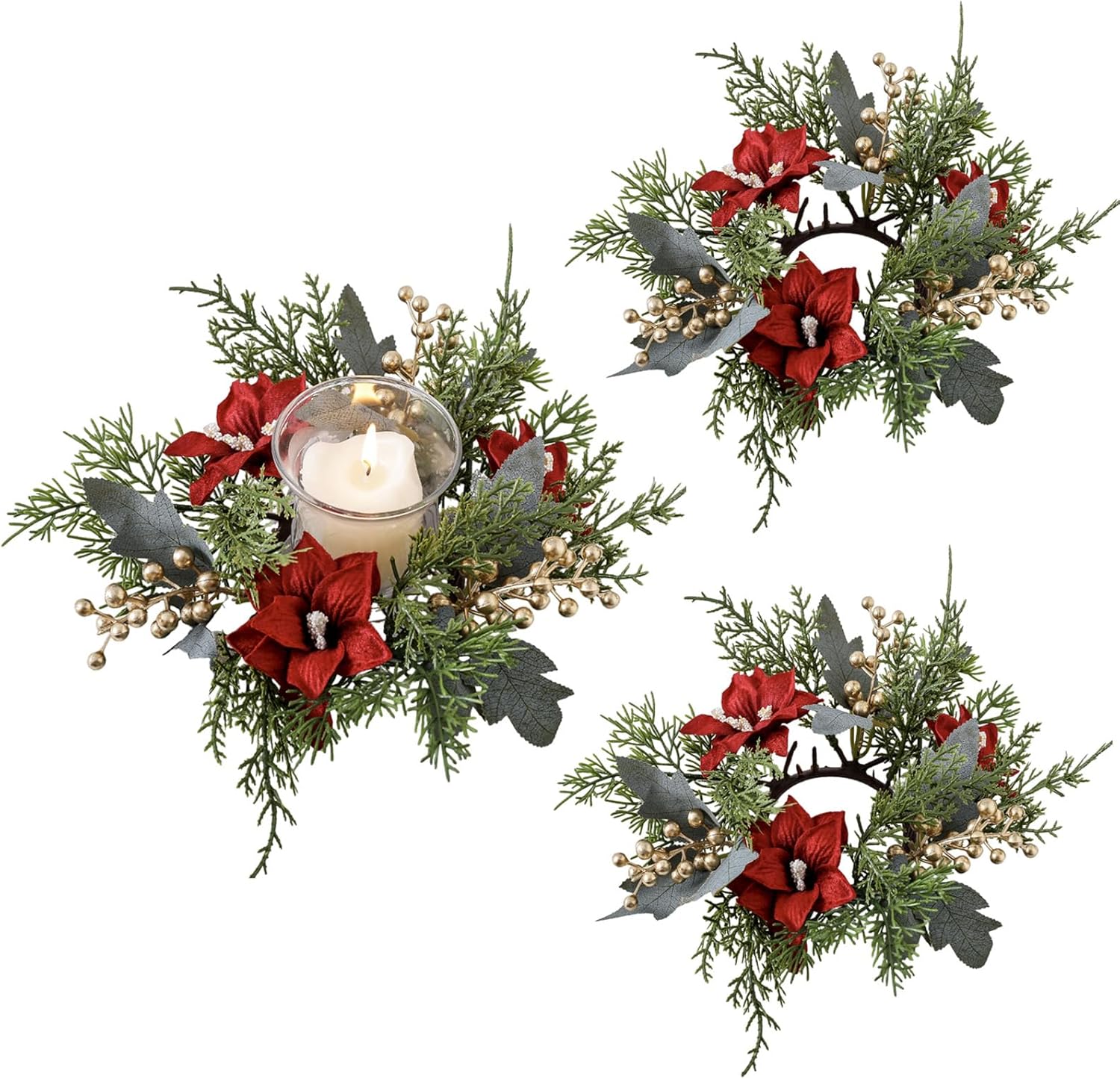 Regine Switzerland Christmas Candle Rings - Artificial Flower & Gold Berries Decor | 2-Piece Set