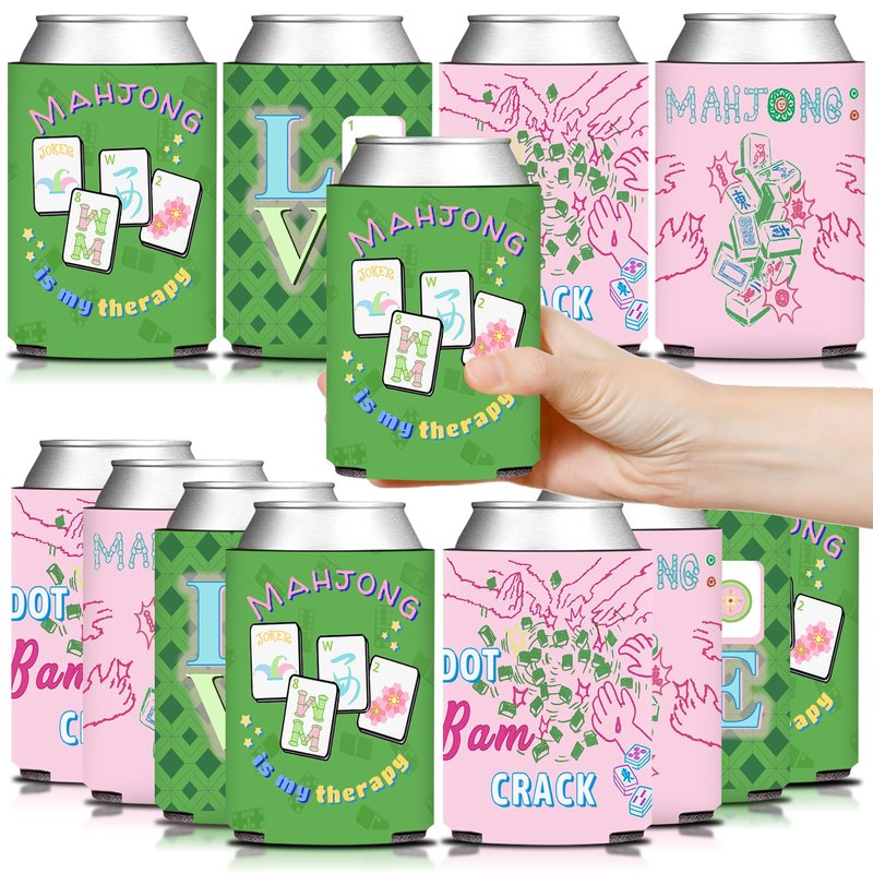 KARAQY 12 Pcs Mahjong Party Can Coolers, Pink and Green Mahjong Can Sleeve for Mahjong Gifts Mahjong Party Decorations Supplies