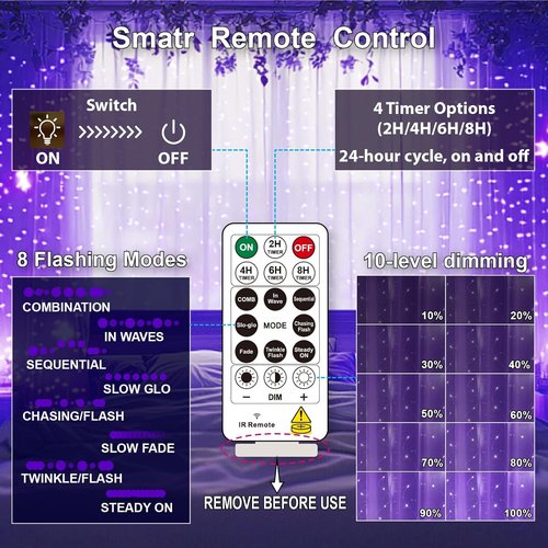 HXWEIYE 300LED Fairy Curtain Lights - 9.8x9.8Ft USB Plug-In with Remote | 8 Modes for Bedroom & Wedding Decor, Purple