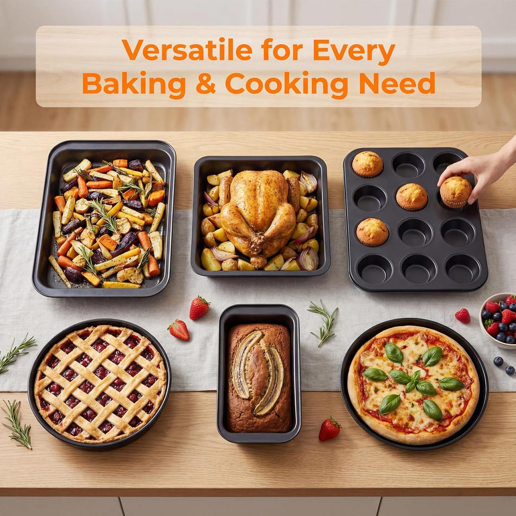 Skiennix Nonstick Bakeware Set - 6-Piece Carbon Steel Baking Pans for Cakes, Muffins & Roasting