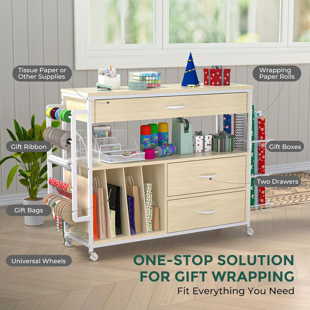 Skiennix Wrapping Paper Organizer - Craft Cart with Ribbon & Gift Bag Storage | Oak Finish, 3 Drawers