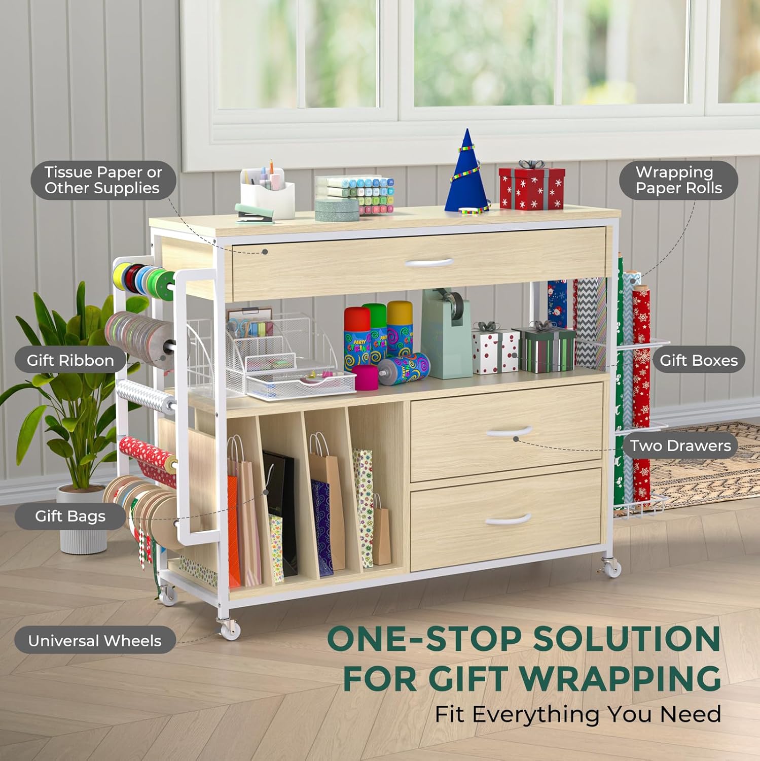 Skiennix Wrapping Paper Organizer - Craft Cart with Ribbon & Gift Bag Storage | Oak Finish, 3 Drawers