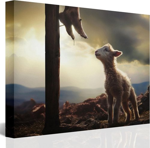 Jesus and Lamb Canvas Wall Art - The Sacrifice of Jesus | Religious Christian Home Decor 8x10