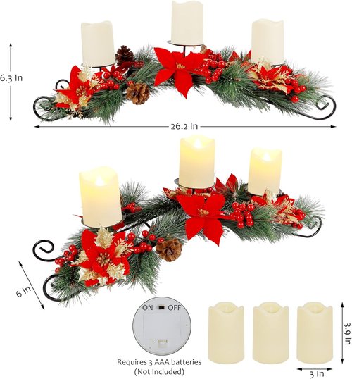 FORUP 26 Inch Christmas Centerpiece - Elegant Tabletop Candle Holders with 3 Flameless Candles | Holiday Decor