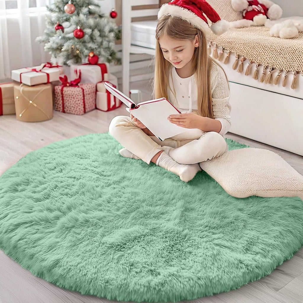 OLANLY Mint Green Round Rug - Soft, Fluffy Shaggy Carpet | 4 ft Machine Washable Area Rug for Bedroom & Living Room Decor
