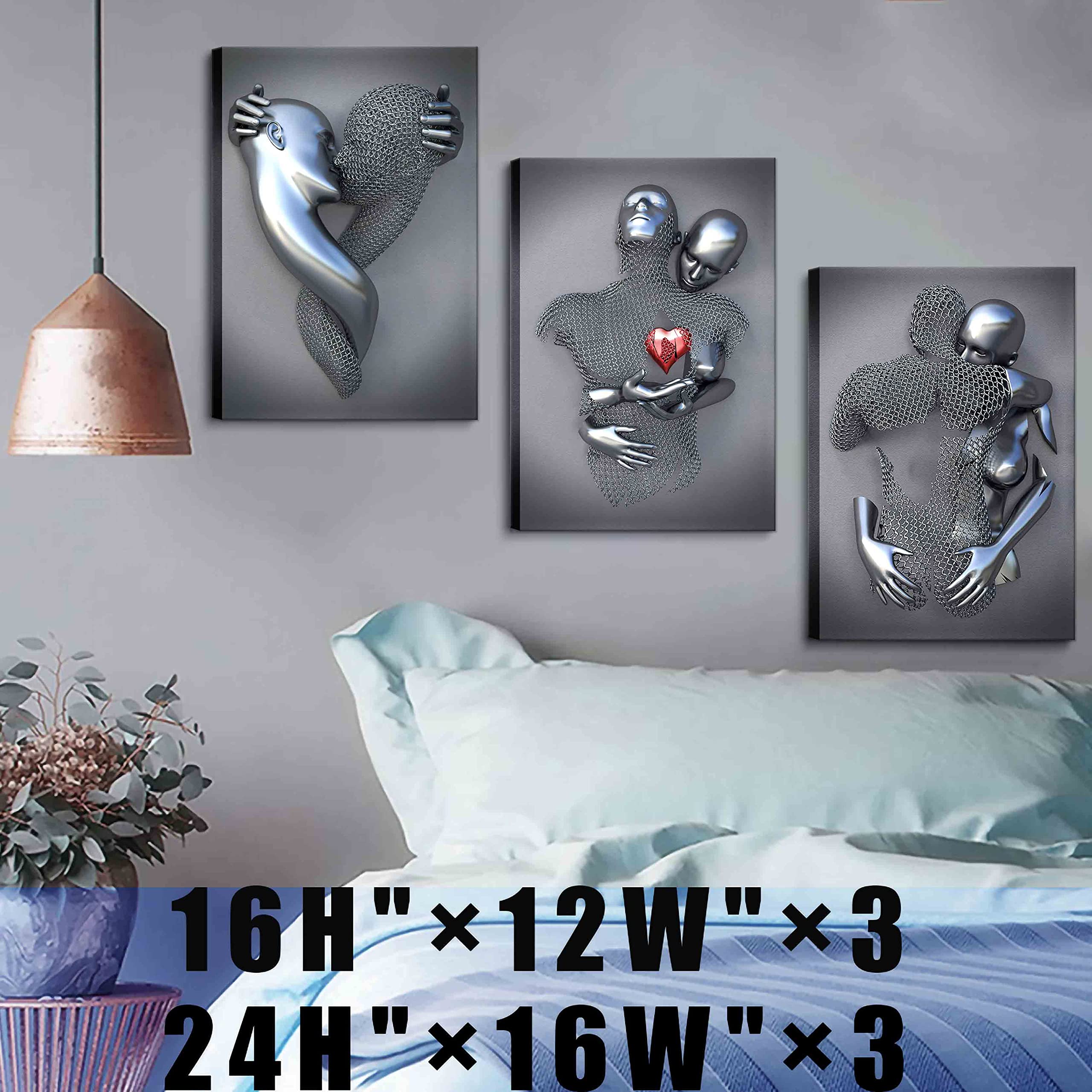 Framed Wall Art for Bedroom 3D Metal Effect Love Heart Couple Wall Art Decor for Living Room 3 Pieces Modern Abstract Grey Black and White Canvas Prints Poster Pictures Paintings for Wall Decorations
