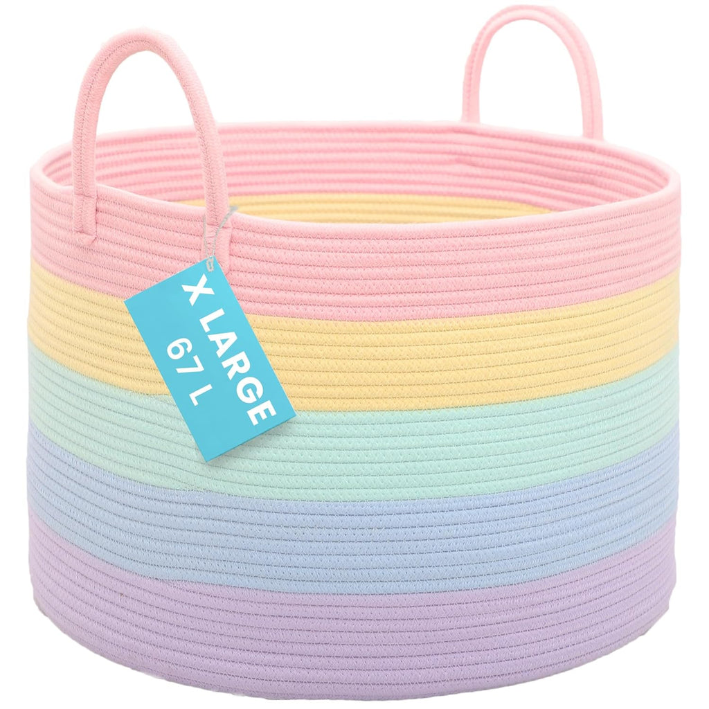 OrganiHaus Rainbow Blanket Basket - Extra Large Woven Toy Organizer & Storage Bin | 20"x13" Soft Round Design