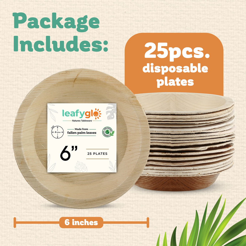 Leafyglo - 6 Inch Round Palm Leaf Plates, Disposable Plates for Party, Natural Wooden Plates, Disposable Plates Bulk, Use As Dessert Plates, Appetizer Plates, & Picnic Plates, Pack of 25
