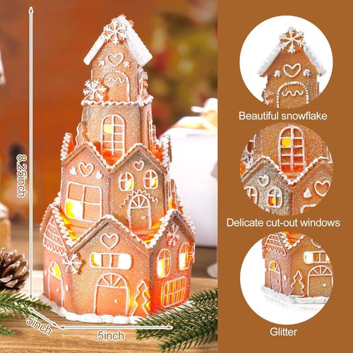 Beeveer LED Christmas Gingerbread House Decoration - Charming Resin Village Set | 5 x 5 x 8.25 Inch