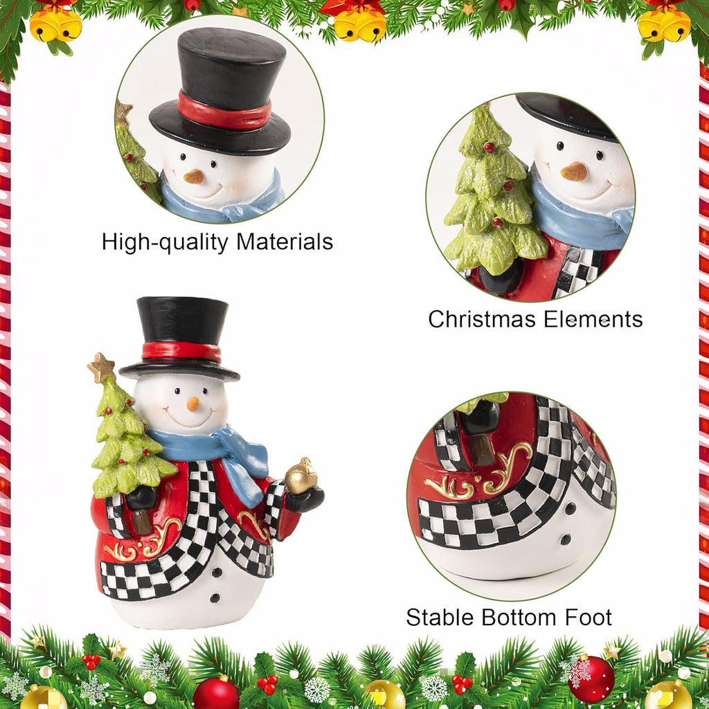 Snowman Figurines | 7.1x4.9 Inch Resin Black & White Checkered Christmas Decor for Home