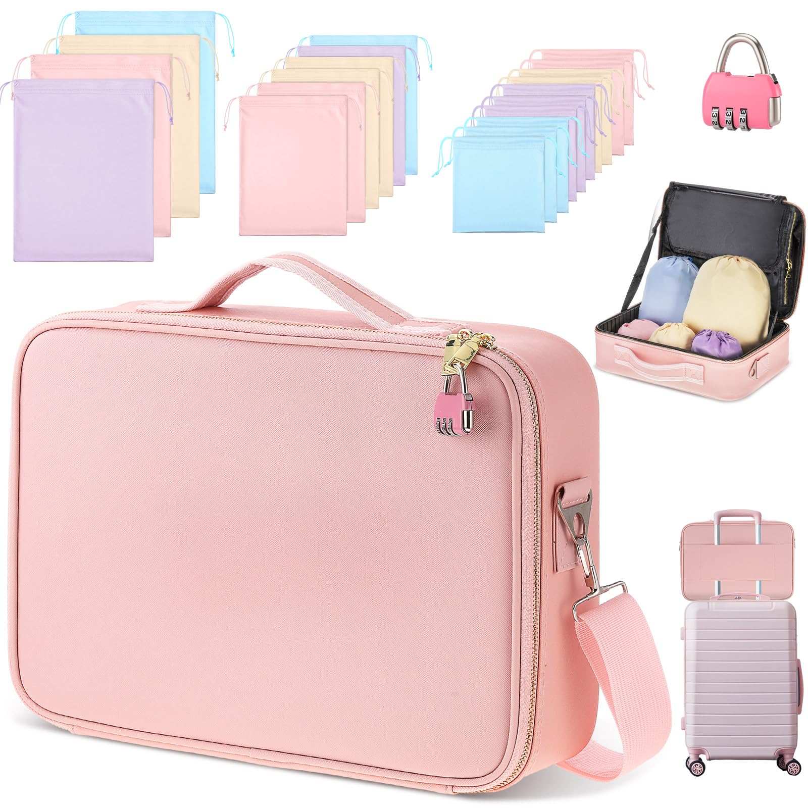 Eccliy Locking Adult Toy Bag Box Game Toys Storage Organizer with 20 Different Size Drawstring Bags Toy Storage Case for Women and Men(Pink,15.75 x 11.42 x 4.3 Inches)