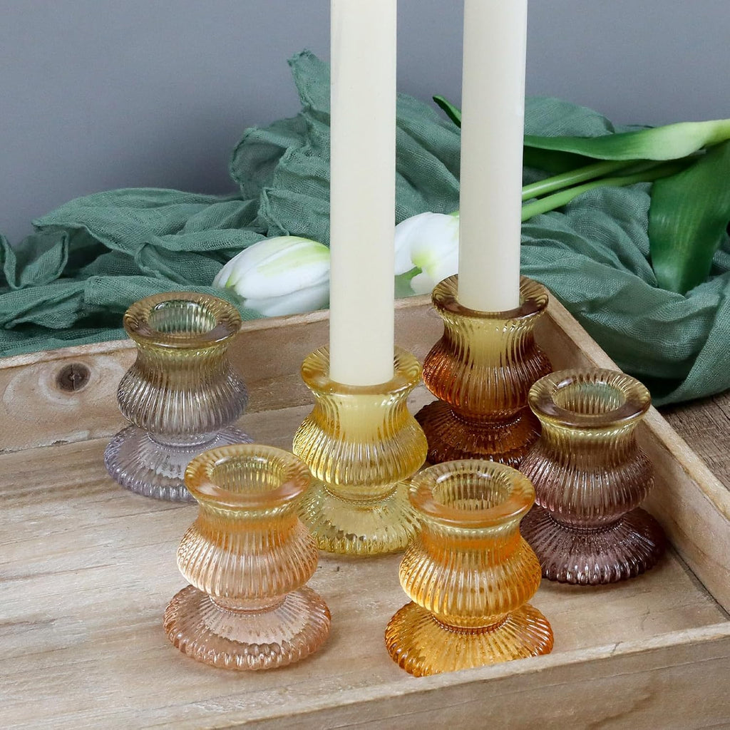 WDHODEC Orange Candlestick Holders - 12PCS Glass Taper Holders for Colorful Table Centerpieces