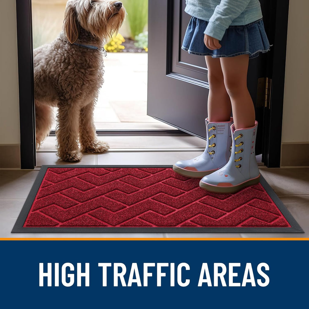 OLANLY Waterproof All-Season Front Door Mat - Sturdy Natural Rubber, Easy Clean | Herringbone Brick, Wine Red (71x23)