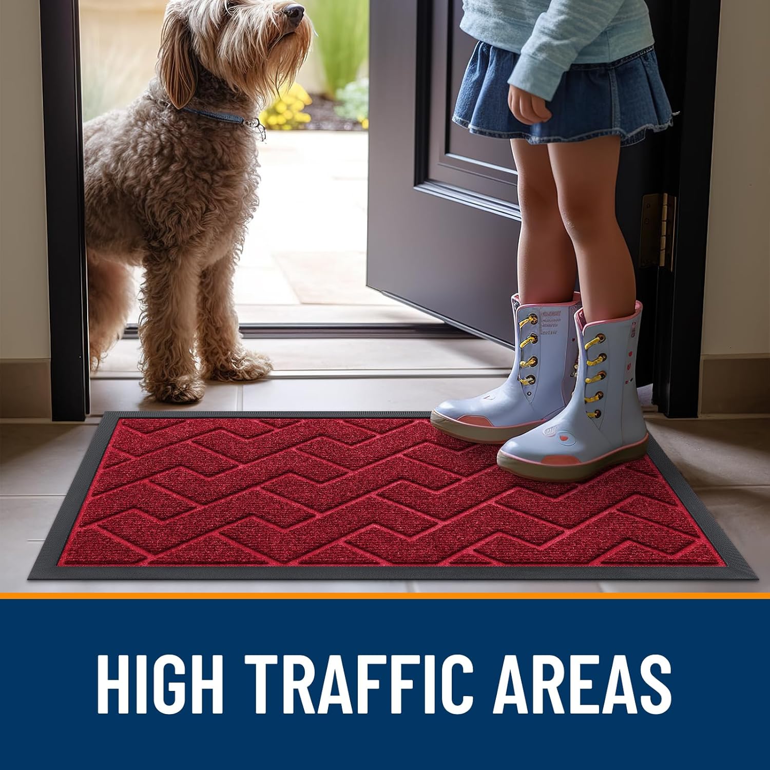 OLANLY Waterproof All-Season Front Door Mat - Sturdy Natural Rubber, Easy Clean | Herringbone Brick, Wine Red (71x23)