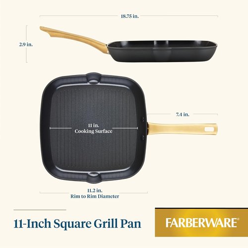 Farberware Forged Induction Ceramic Cookware | Nonstick 11-Inch Square Grill Pan - Black & Gold, Dishwasher Safe
