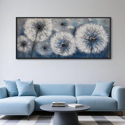 Blue Dandelion Canvas Wall Art - Large Modern Floral Print for Living Room & Bedroom Decor