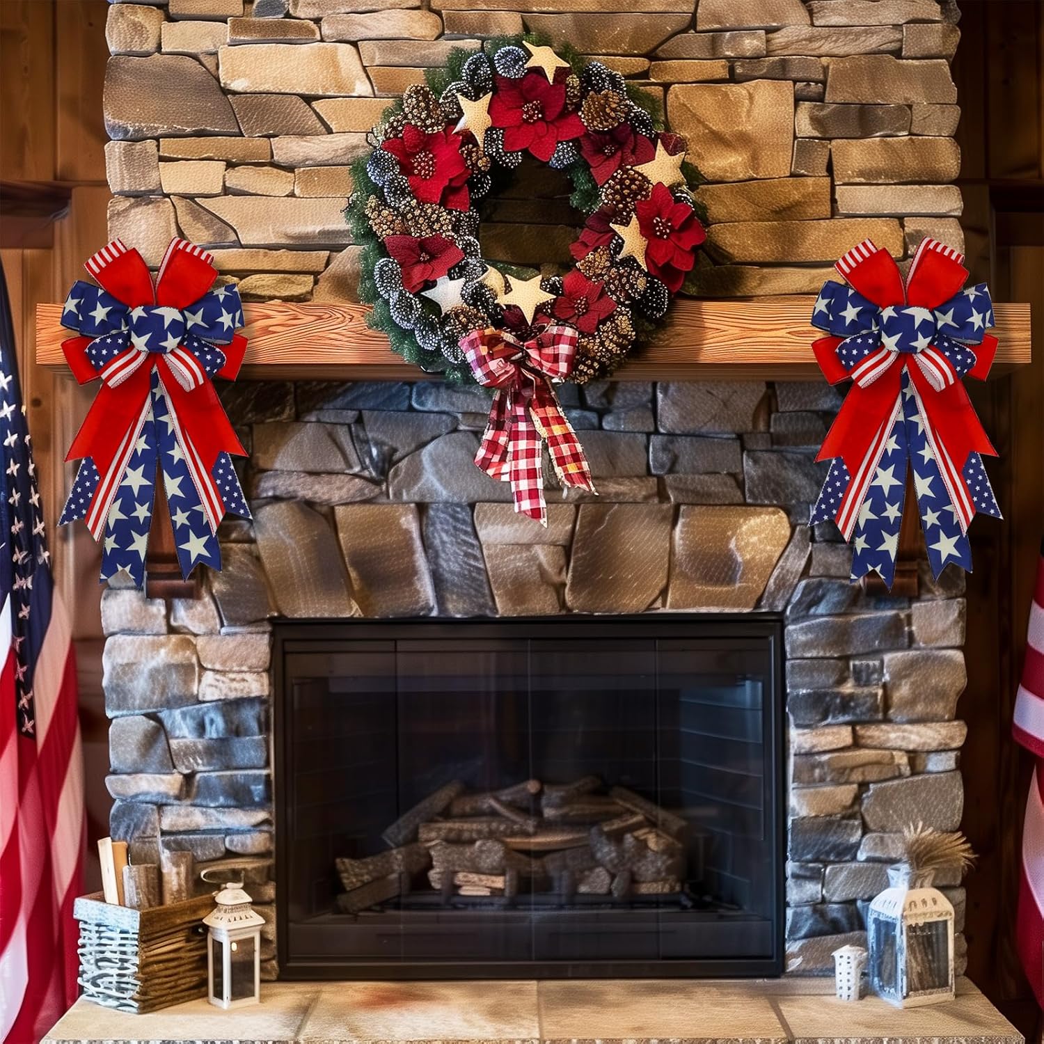 Skiennix Large Patriotic 4th of July Bows - Pre-Tied Wired Ribbon Bows, 20x11 Inch, 2 Pack for Outdoor Decor