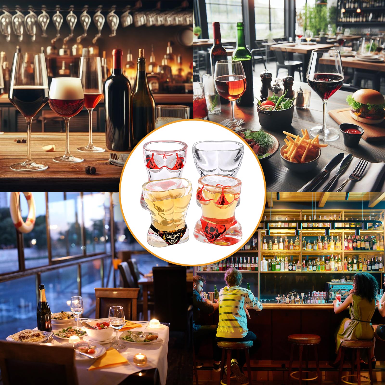 Muscle Man & Bikini Glass Shot Glasses, Personality Skull Design, 30ml Heavy Base Shot Cups Set of 4 with Gift Box for Alcohol Shots, Vodka, Expresso, Tequila & Dessertsor Birthday Christmas Gift