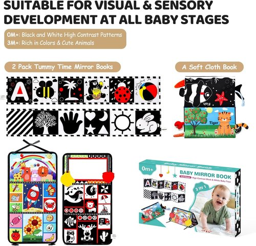3PCS High Contrast Baby Toys by [Brand Name] - Tummy Time Mirror & Crinkle Cloth for Visual Stimulation | Ideal for Newborns 0-12 Months