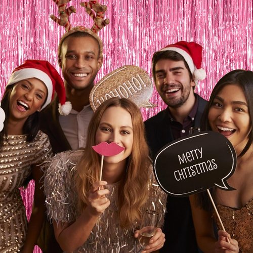 Foil Curtain Backdrop by [Brand Name] - Pink Metallic Tinsel Fringe for Photo Booths | 5 Pack Party Decorations