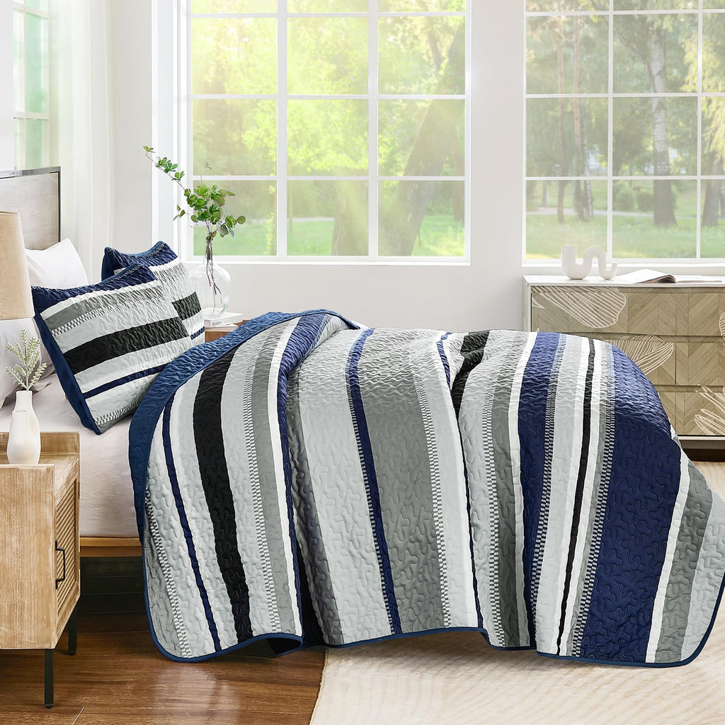 WONGS BEDDING Quilts Queen Size, Navy Blue Quilt Bedspread Bedding Set, Summer Queen Coverlet Sets with Shams, 3 Pieces Lightweight Striped Quilt for Bed(96"x 90")