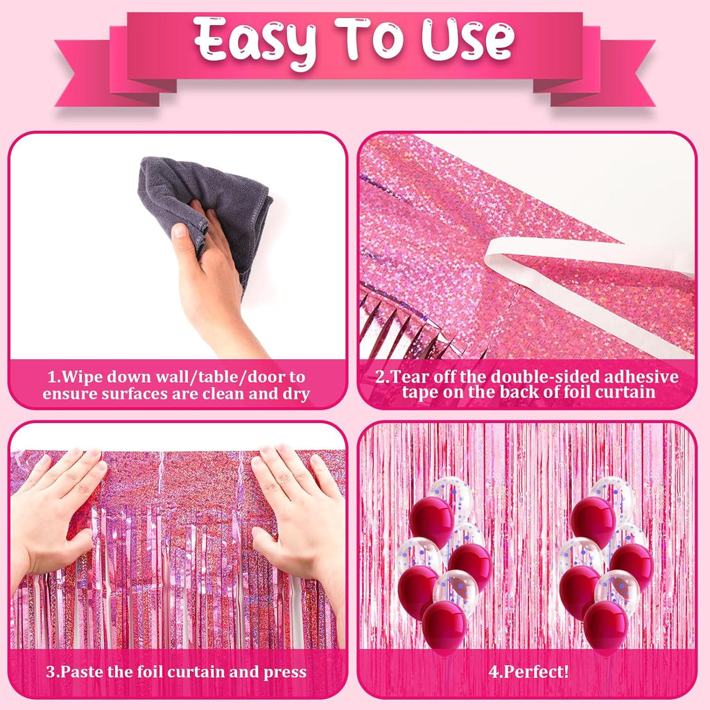 Voircoloria 3 Pack Laser Pink Foil Fringe Backdrop Curtains - Perfect for Birthday, Graduation & Baby Showers