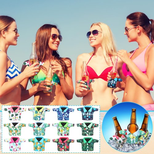 Funtery 12 Pack Can Shirt Cooler Sleeves 12 oz Summer Hawaiian Tropical Funny Can Cooler Bulk for Beer Beverage Soda Birthday Beach Themed Party Favor (Vivid Style)