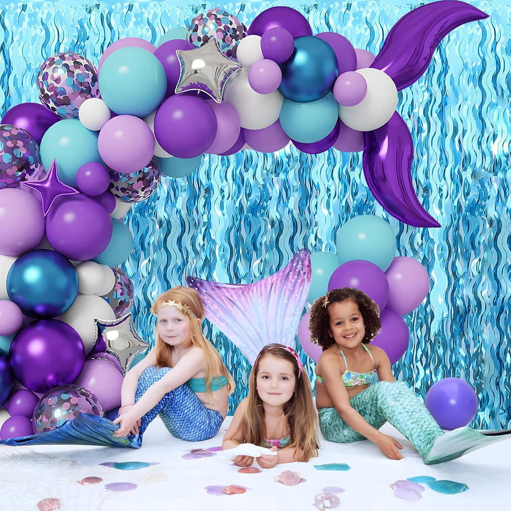 Skiennix Wavy Tinsel Foil Fringe Curtains - Teal Blue Streamers Backdrop for Ocean-Themed Parties | 2 Pack, 3.2 ft x 6.6 ft