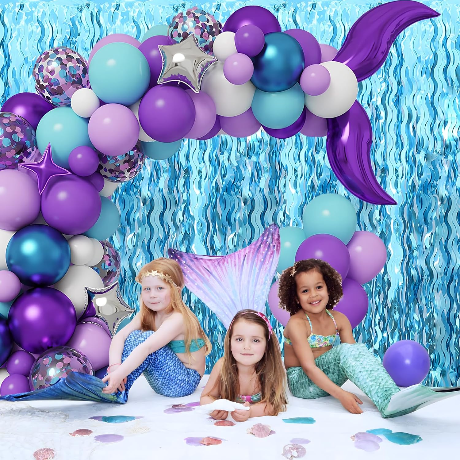 Skiennix Wavy Tinsel Foil Fringe Curtains - Teal Blue Streamers Backdrop for Ocean-Themed Parties | 2 Pack, 3.2 ft x 6.6 ft