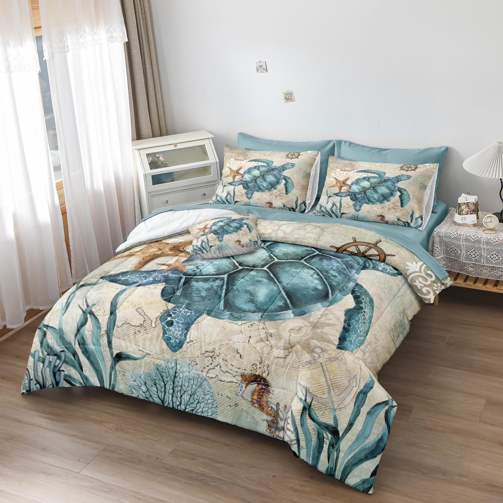 Merryword 8 Pieces Blue Green Comforter Set Full Size Ocean Life Bed in a Bag Turtle Beach Bedding Set Hawaii Style Summer Lightweight Bedding Comforter Set