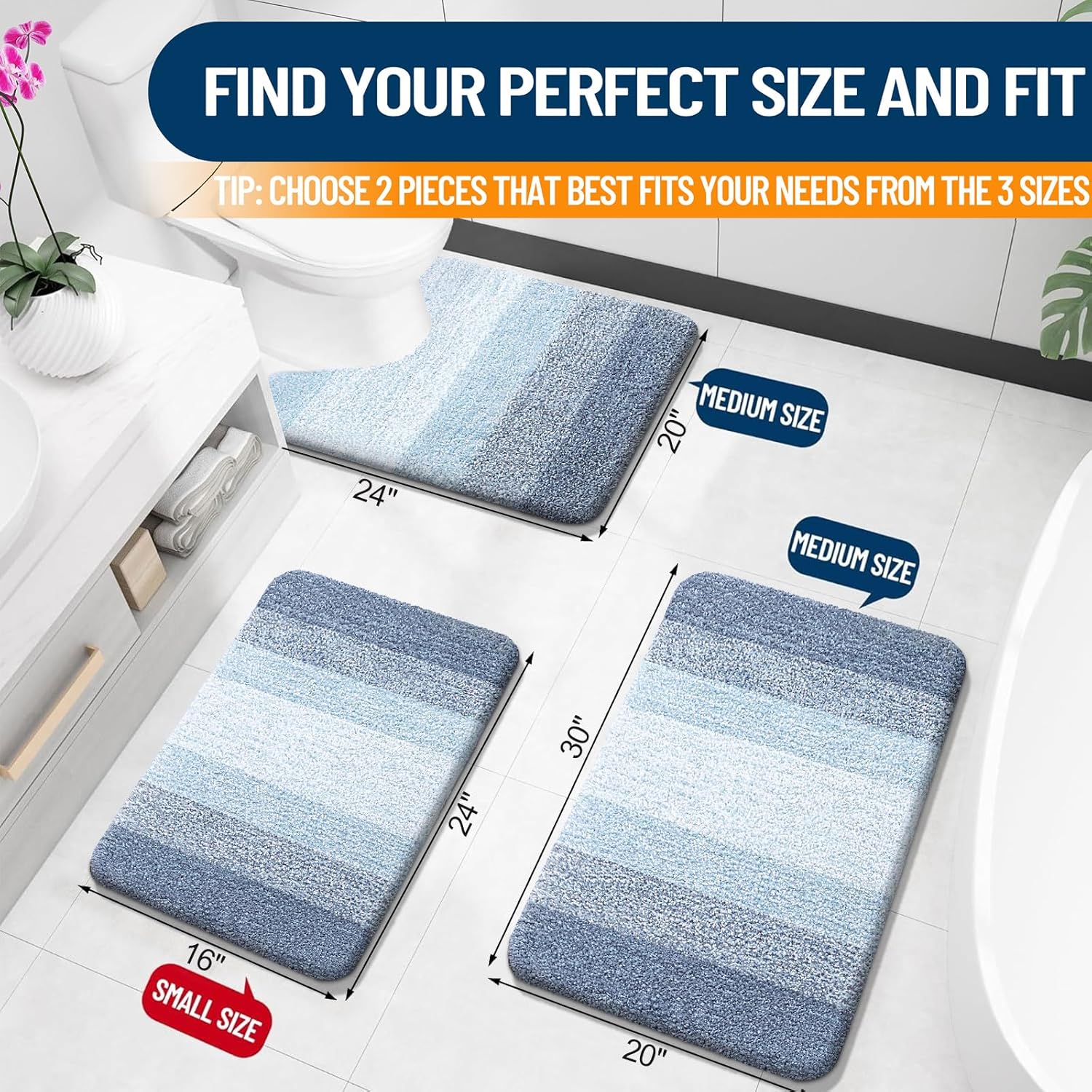 OLANLY Bathroom Rug Set - Soft Absorbent Microfiber Mats with Non-Slip Design | 2-Piece Blue Set (24"x16" & 24"x20")