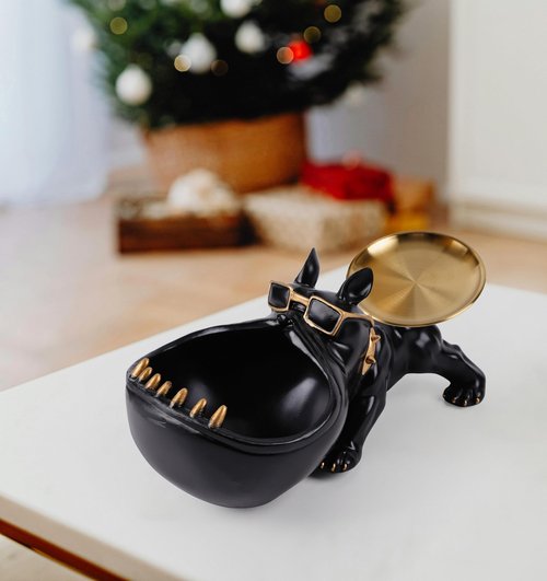 NVSHIQWEI BulldogBond American Bulldog Statue & Key Tray, Resin Candy Dish with Dual Storage for Entryway Table, Office Desk Decor, Home Gift for Dog Lovers-BLACK