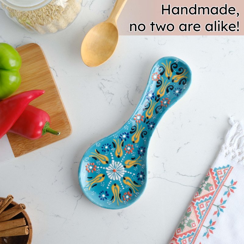 Handmade Spoon Rest, Ceramic Spoon Rest for Stove Top, 10" Spoon Rest for Kitchen Counter, Dishwasher Safe Spoon Holder for Stove, Housewarming Gifts Utensil Rest, Colorful Spoon Rests (Turquoise)