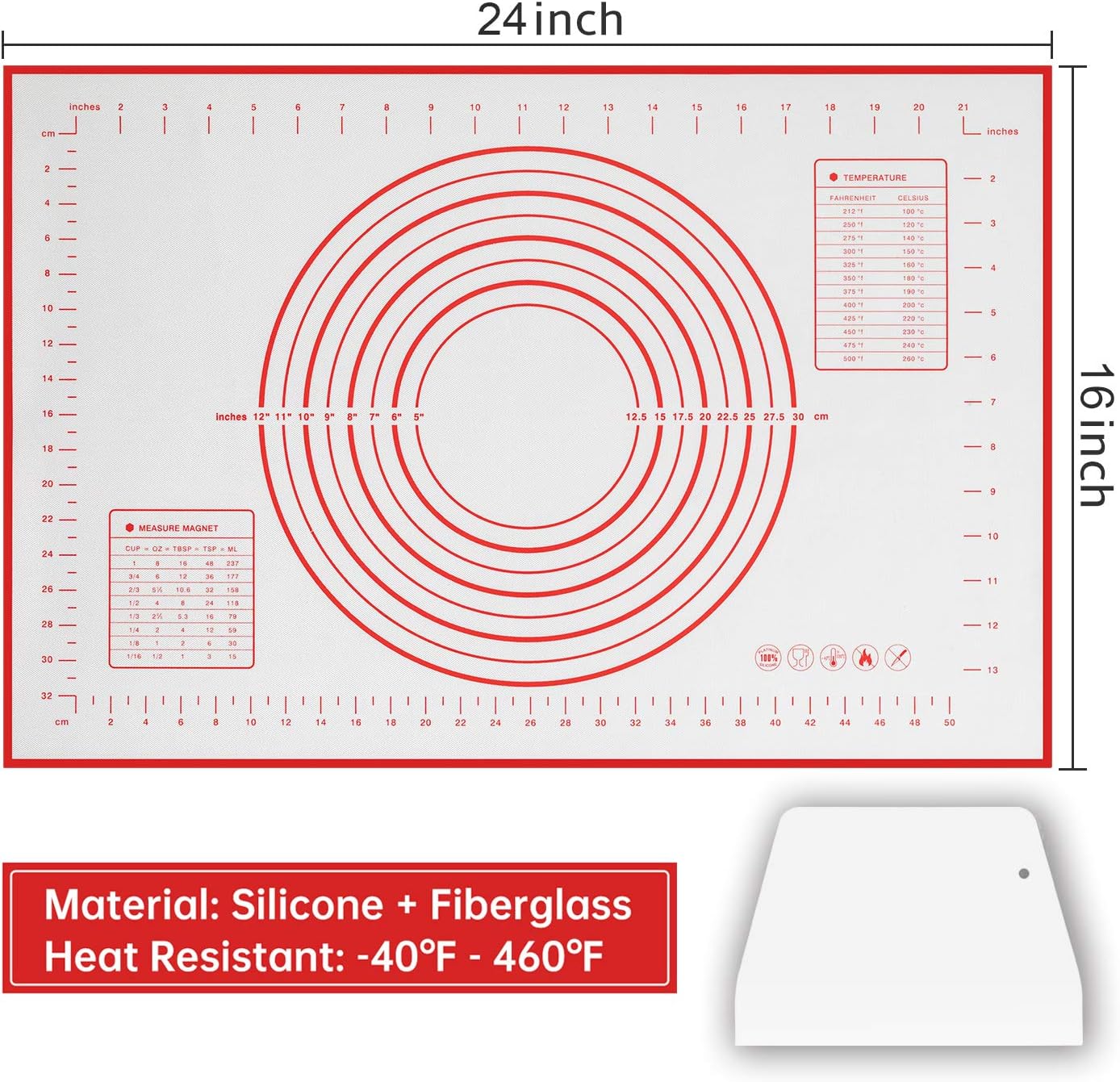 Skiennix Silicone Baking Mat - Non-Slip Pastry Sheet with Measurements | BPA-Free, 24 x 16 Inches, Red + Dough Scraper