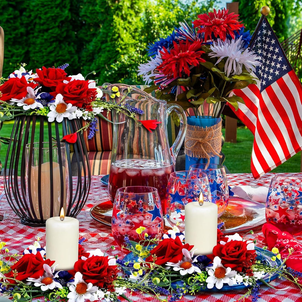 Veterans Day Candle Rings - 4 Pcs Red, White & Blue Mini Floral Wreaths for Patriotic Decor | 3 Inch