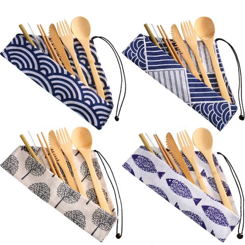 Boao 4 Sets Bamboo Utensils Wooden Utensils Set Japanese Style Reusable Cutlery Travel Chopsticks Fork Spoon Straw Portable Utensil Case for Travel Hiking Picnic Camping Cooking Kitchen(Chic Style)