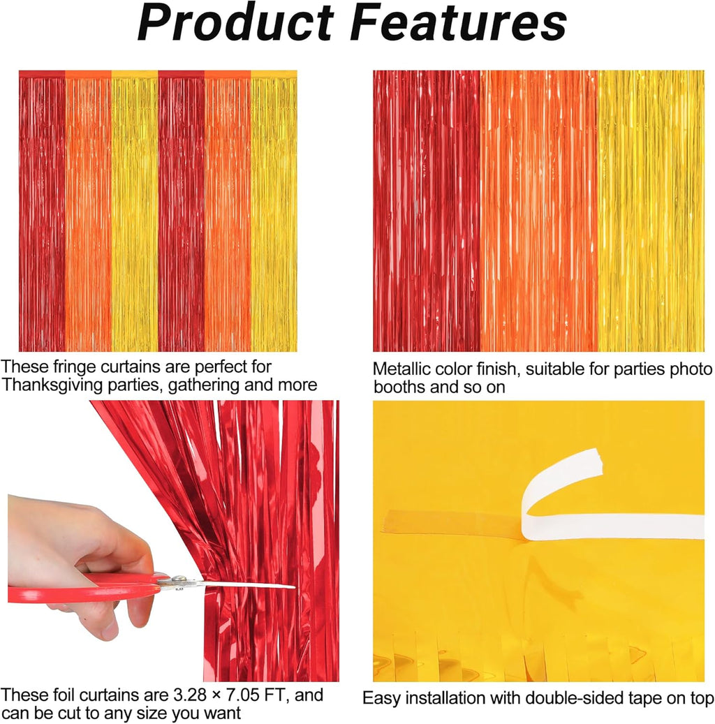 Skiennix Thanksgiving Backdrop - 2 Pack Metallic Fringe Curtains | 3.28 FT x 7.05 FT Red, Orange, Gold Decor