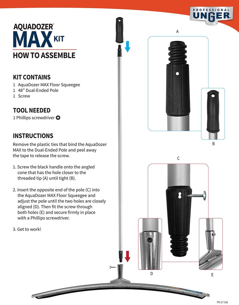 Unger Professional AquaDozer Max Kit, 36” Smooth Surface Curved Floor Squeegee and 48” Dual End Pole, Rubber Blade Scrubber and Broom for Concrete, Asphalt, and Tough Cleaning Jobs