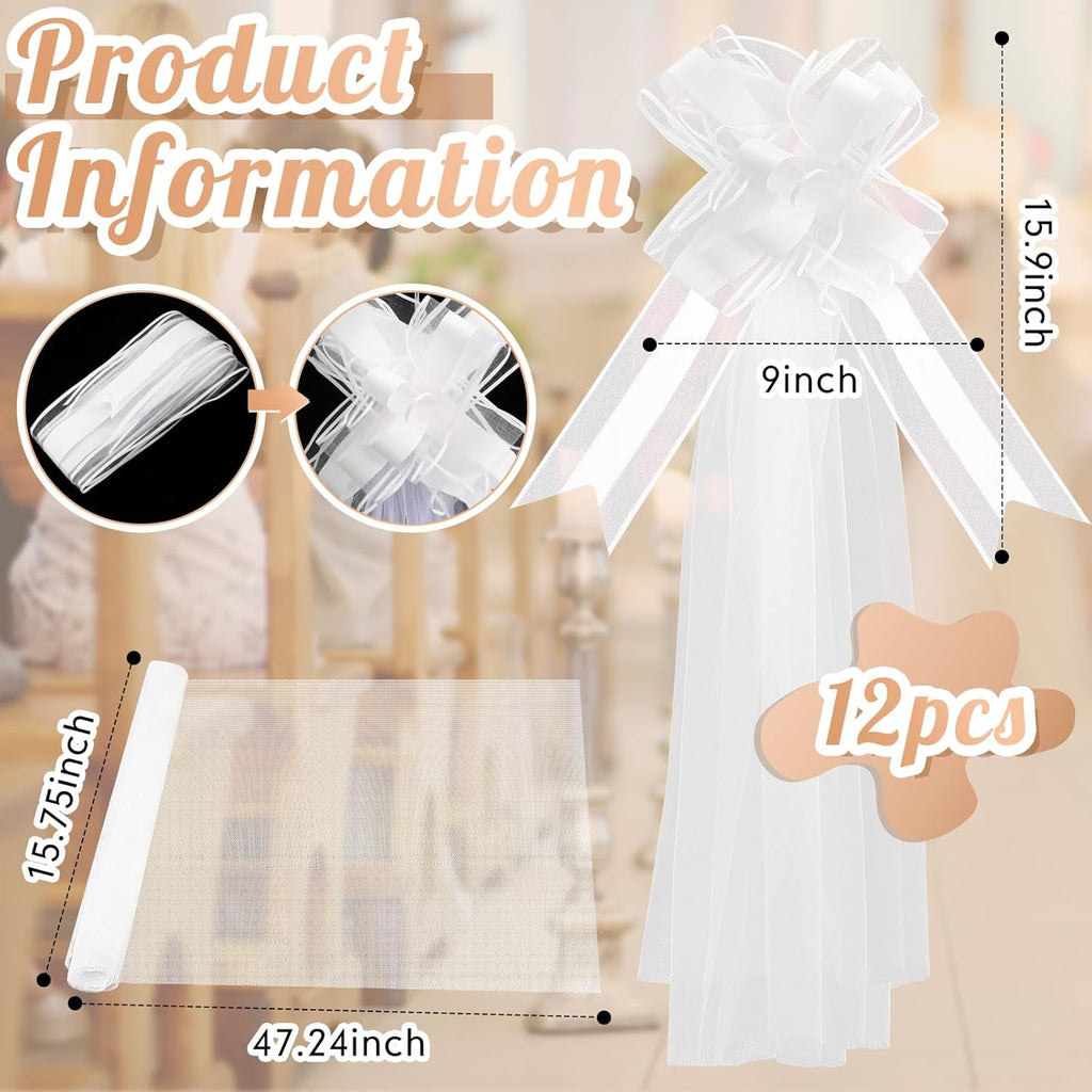 Skiennix 12 Set Large Wedding Pew Bows - Elegant White Tulle Tails for Church Aisle & Car Decor