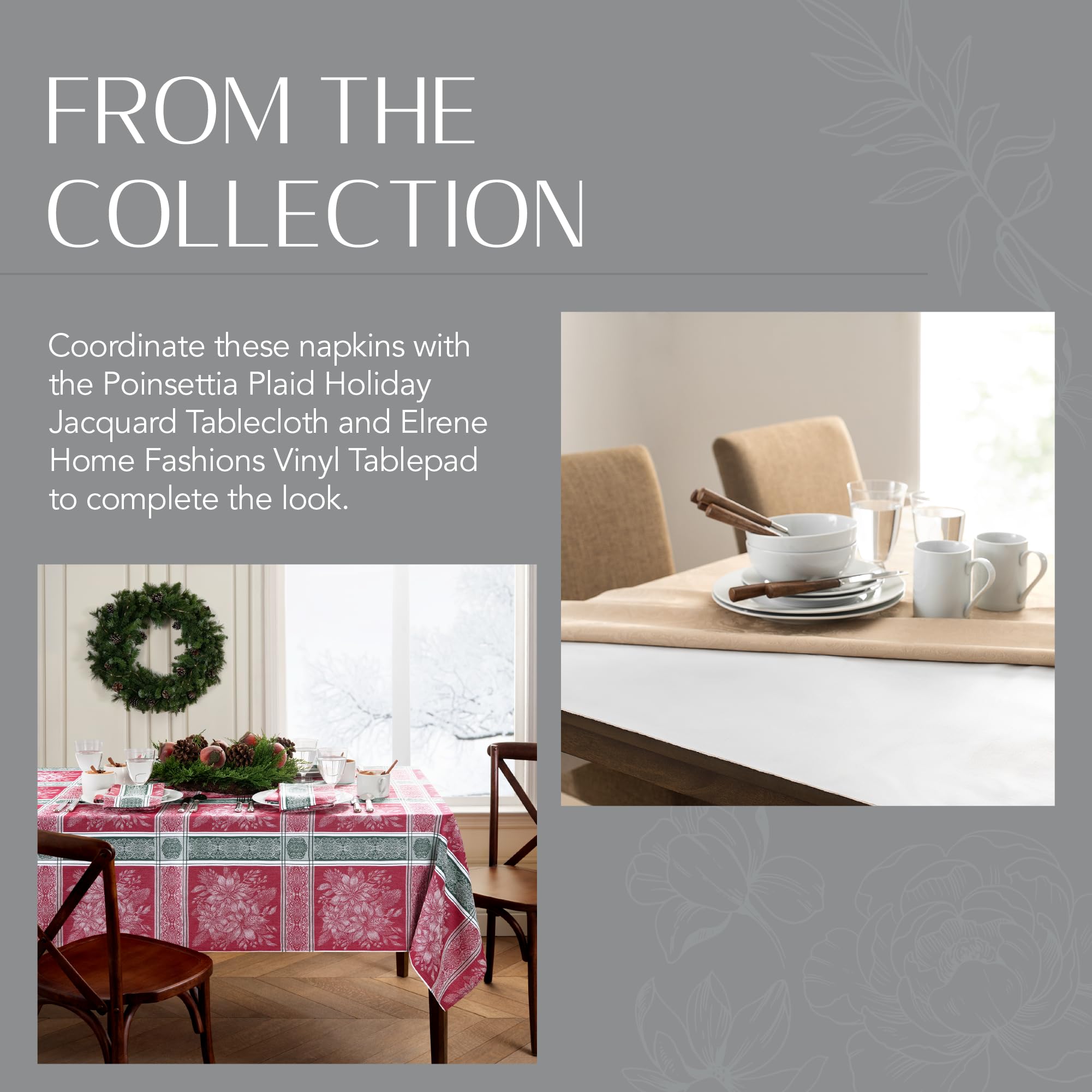 Elrene Home Fashions Poinsettia Plaid Red/Green Holiday Jacquard Cloth Dinner Napkins, Set of 8, 17"x17", Multi