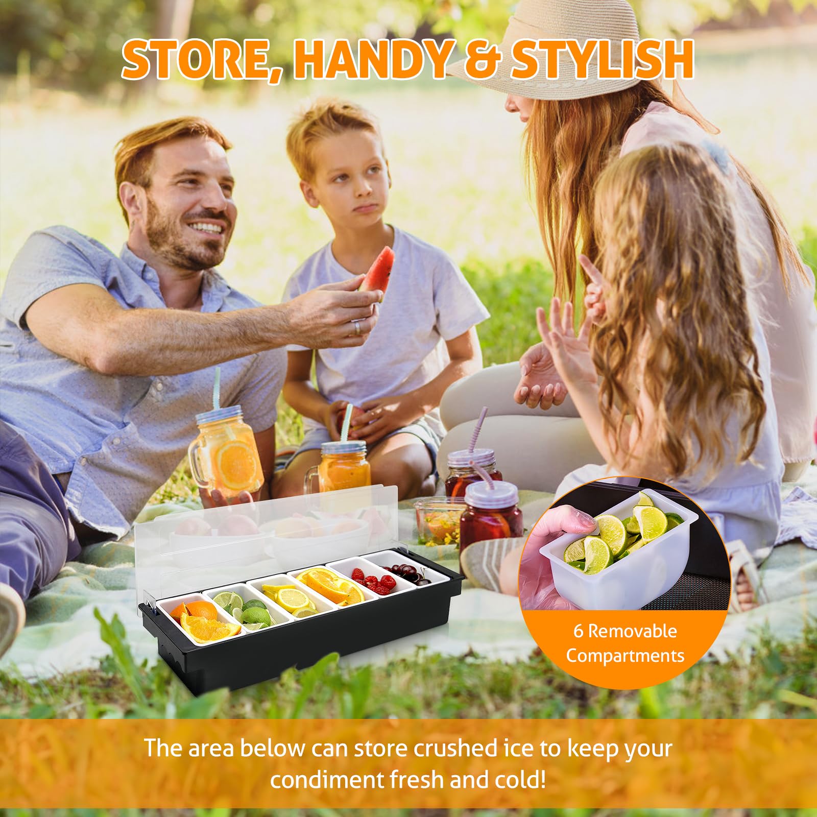 WICHEMI Fruit, Veggie & Condiment Caddy with Lid Dispenser Tray Plastic Garnish Station for Bartending & Serving Taco, Ice Cream, Salad Bar - Topping Organizer for Restaurant Supplies (6 Compartment+3