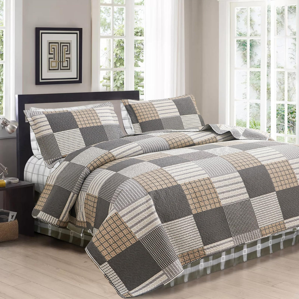 Brown Black Plaid Bedding Sets, 3 Pcs King Size Quilt Bedspread Checked Patchwork Print Coverlets Bedcover Reversible Bed Cover Country Bedroom Decor(96"x 108")