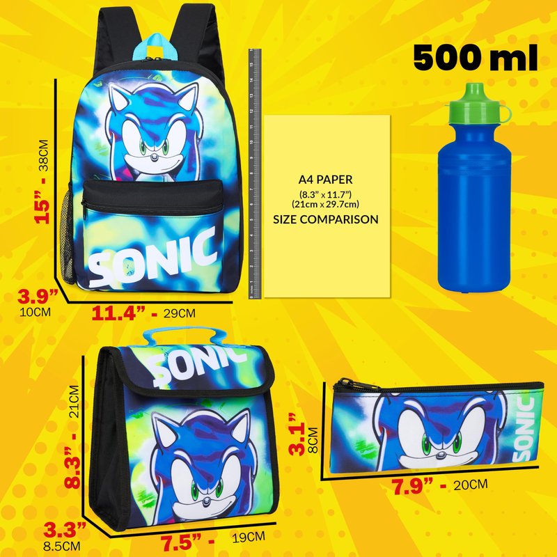 Sonic The Hedgehog Backpack Set 4 Pcs with Insulated Lunch Bag Water Bottle Pencil Case Shadow School Supplies Gift for Kids (Sonic 4 Pcs Set)