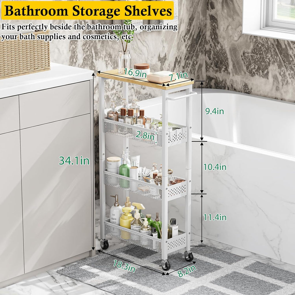 OKZEST Slim Rolling Storage Cart - 4 Tier Mobile Organizer with Wood Top for Kitchen & Laundry | Narrow Design