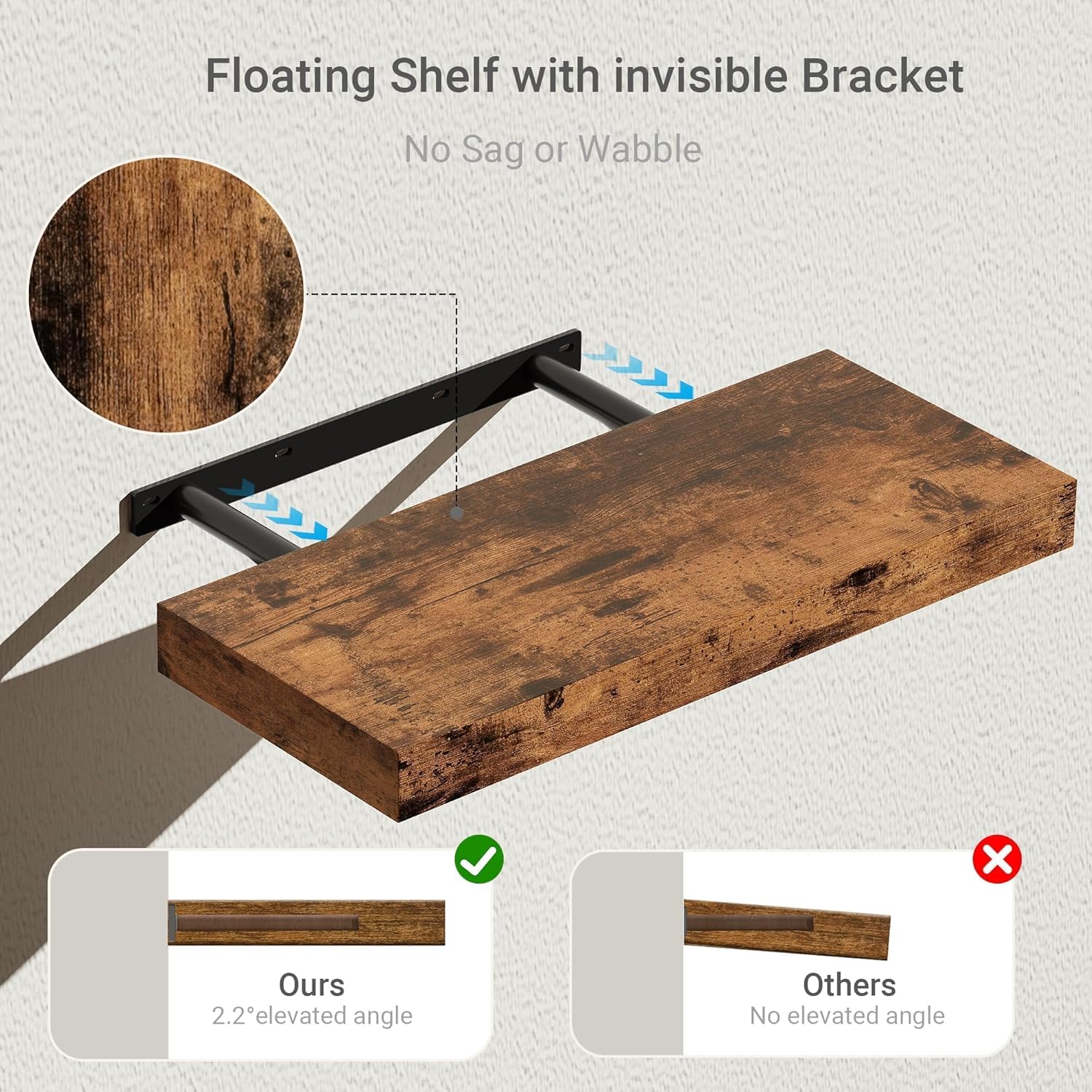 Vivelove Floating Wall Shelves - 16-Inch Rustic Brown Display Shelves with Invisible Brackets | Set of 2 for Home Decor