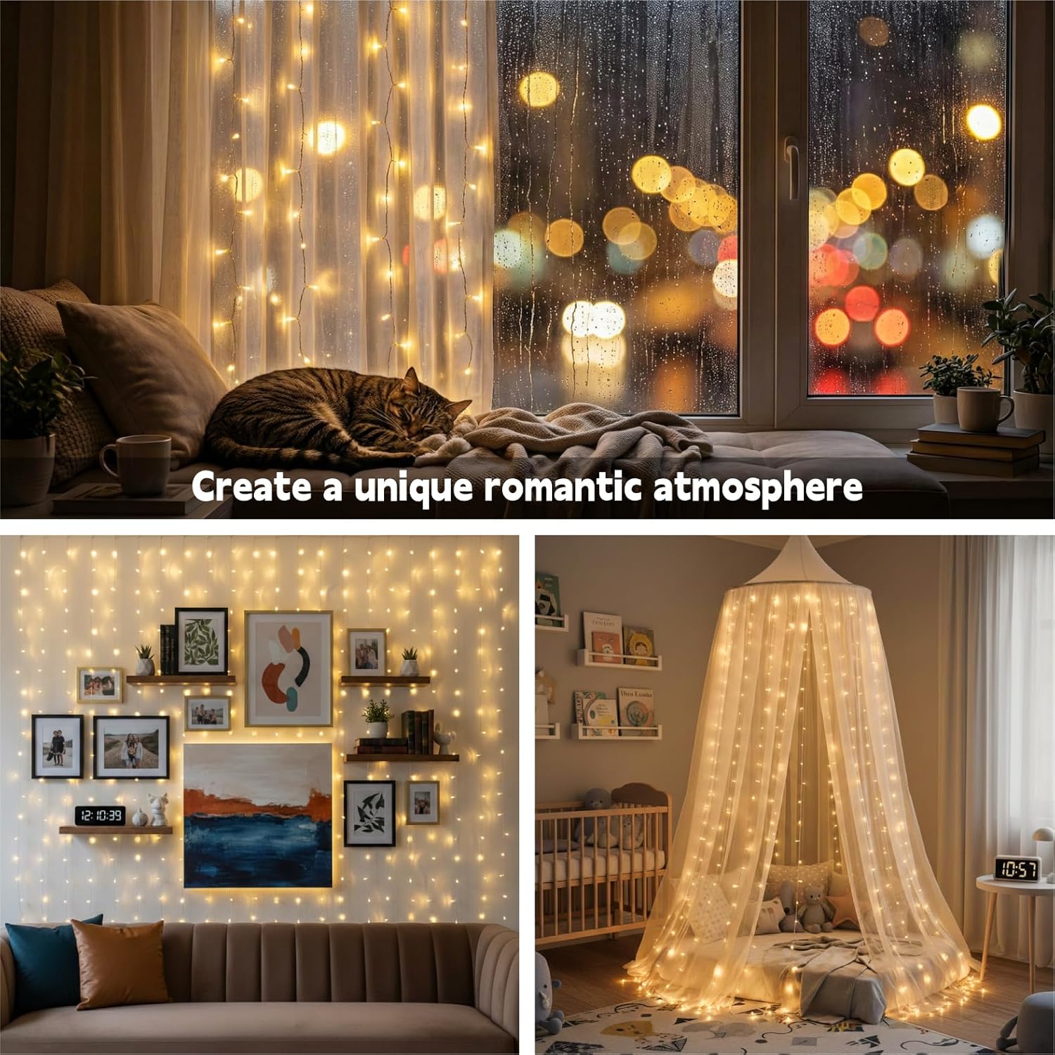 Skiennix 200LED Curtain Lights - Warm White Fairy String Lights | 6.6x6.6ft, 8 Modes Remote Control for Home & Party Decor