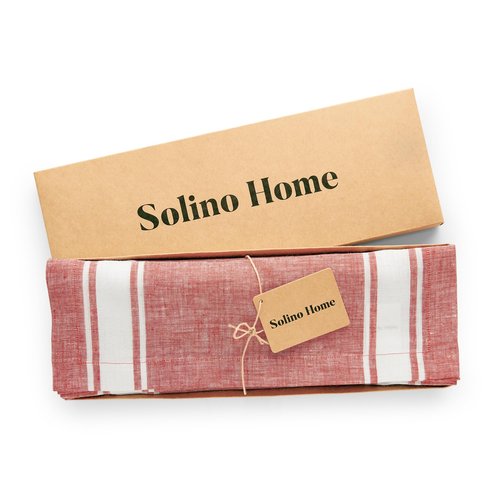 Solino Home Linen Striped Table Runner 108 Inches Long - Country Stripe 100% Pure Linen Red Dining Table Runner 14 x 108 Inch for Mothers Day, Winter