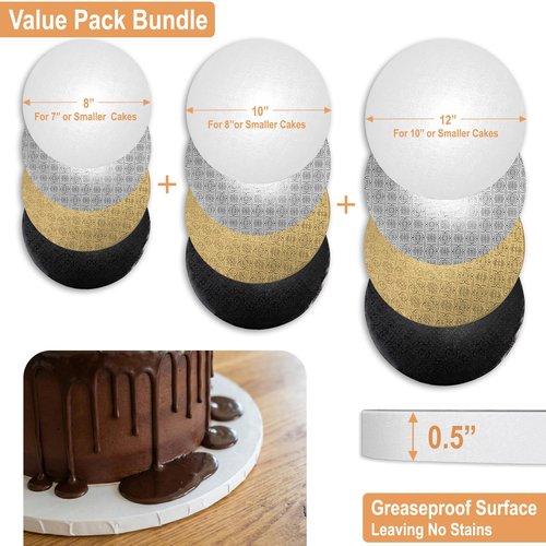 BOARDS+ Cake Drums 8, 10 & 12 Inch in White, Silver, Gold & Black Color (12 Pack) | 1/2" Thick CakeBoard Circle Rounds + Free Prop Up Tools | Fully Greaseproof, Sturdy for Heavy/Tiered Cakes