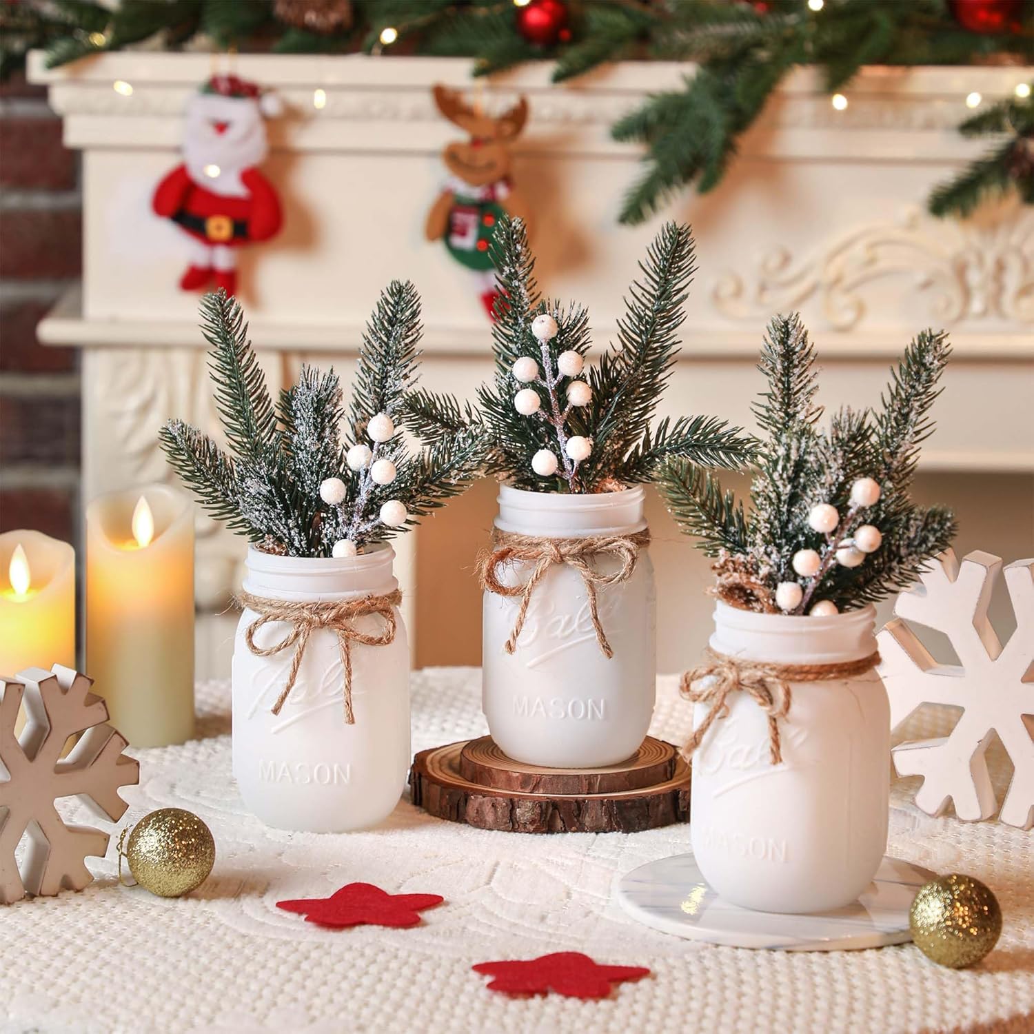 Supreme Lights Christmas Mason Jars - Winter White Decorative Centerpieces for Home Table Decor | Set of 3